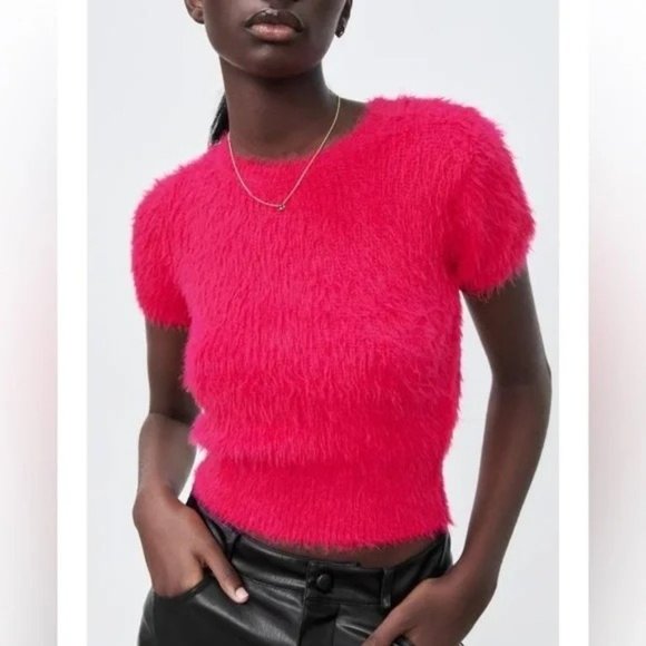 ZARA faux fur pink short sleeve cropped top - Picture 1 of 4